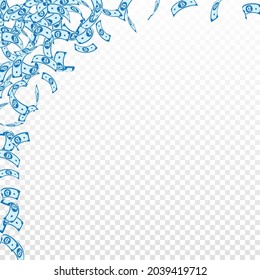 Bitcoin, internet currency notes falling. Small BTC bills on transparent background. Cryptocurrency, digital money. Actual vector illustration. Delightful jackpot, wealth or success concept.