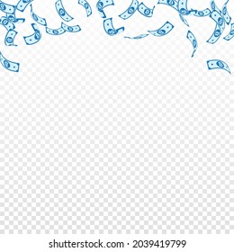 Bitcoin, internet currency notes falling. Sparse BTC bills on transparent background. Cryptocurrency, digital money. Actual vector illustration. Likable jackpot, wealth or success concept.