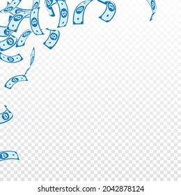 Bitcoin, internet currency notes falling. Floating BTC bills on transparent background. Cryptocurrency, digital money. Actual vector illustration. Creative jackpot, wealth or success concept.