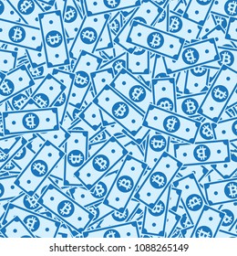 Bitcoin, internet currency notes seamless pattern. Scattered BTC bills. Cryptocurrency, digital random flat money. Jackpot, wealth or success concept. Vector illustration.