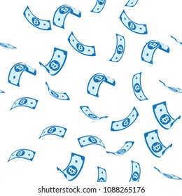 Bitcoin, internet currency notes seamless pattern. Scattered BTC bills. Cryptocurrency, digital sparse flying money. Jackpot, wealth or success concept. Vector illustration.
