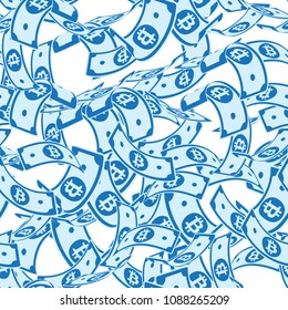 Bitcoin, internet currency notes seamless pattern. Scattered BTC bills. Cryptocurrency, digital random flying money. Jackpot, wealth or success concept. Vector illustration.