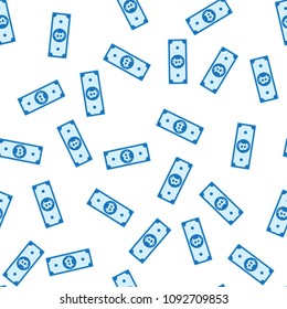Bitcoin, internet currency notes seamless pattern. Scattered BTC bills. Cryptocurrency, digital sparse flat money. Jackpot, wealth or success concept. Vector illustration.