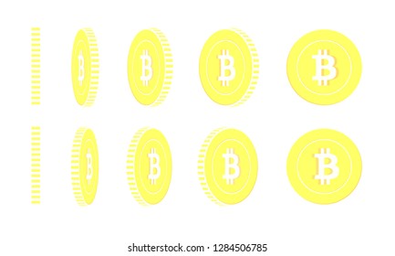 Bitcoin, internet currency rotating coins set, animation ready. Yellow BTC gold coins rotation. Cryptocurrency, digital metal money. Positive cartoon vector illustration.