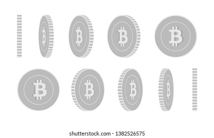 Bitcoin, internet currency rotating coins set, animation ready. Black and white BTC silver coins rotation. Cryptocurrency, digital metal money. Sublime cartoon vector illustration.