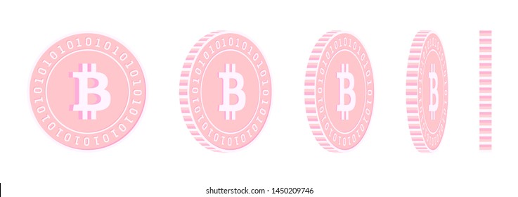 Bitcoin, internet currency rotating coins set, animation ready. Pink BTC copper coins rotation. Cryptocurrency, digital metal money. Popular cartoon vector illustration.