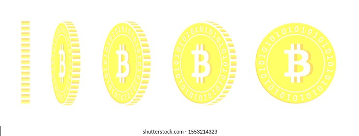 Bitcoin, internet currency rotating coins set, animation ready. Yellow BTC gold coins rotation. Cryptocurrency, digital metal money. Resplendent cartoon vector illustration.