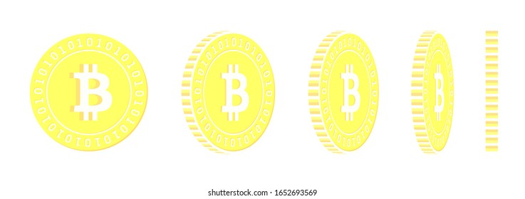 Bitcoin, internet currency rotating coins set, animation ready. Yellow BTC gold coins rotation. Cryptocurrency, digital metal money. Sightly cartoon vector illustration.
