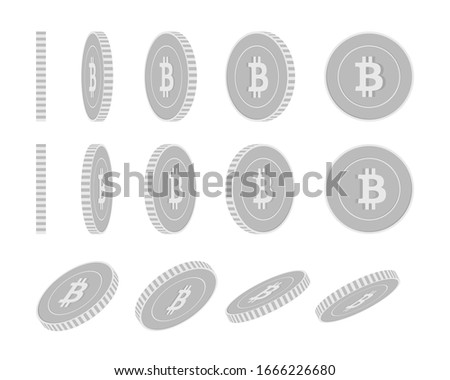 Bitcoin, internet currency rotating coins set, animation ready. Black and white BTC silver coins rotation. Cryptocurrency, digital metal money. Terrific cartoon vector illustration.