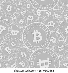 Monedas de plata de bitcoin, monedas de plata en internet, patrón transparente. Magníficas monedas en blanco y negro dispersas. Concepto de éxito. Criptomoneda, patrón de dinero digital. Ilustración vectorial de monedas.