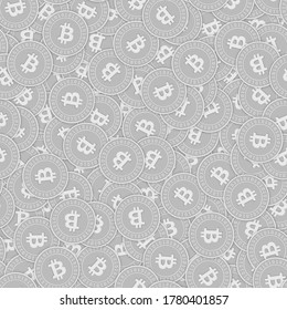 Bitcoin, internet currency silver coins seamless pattern. Lively scattered black and white BTC coins. Success concept. Cryptocurrency, digital money pattern. Coin vector illustration.
