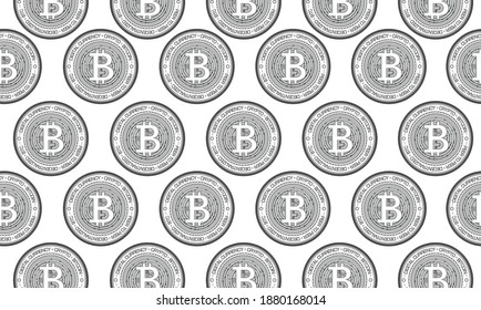 Bitcoin, internet currency silver coins seamless pattern.  Cryptocurrency, digital money pattern. Coin vector illustration.