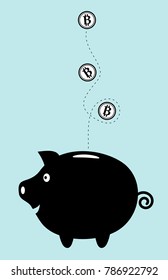 Bitcoin investment concept. Bitcoins dropping into a happy piggy bank.