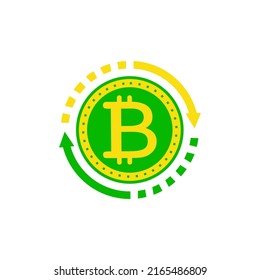 Bitcoin investment icon. Profitable investment in cryptocurrency. Green and yellow bitcoin design with arrows. Bitcoin international network marketing concept. modern vector illustration