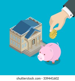 Bitcoin investment savings flat 3d isometry isometric concept web infographics vector illustration. Big hand put bit coin into piggy bank money box. Creative people collection.