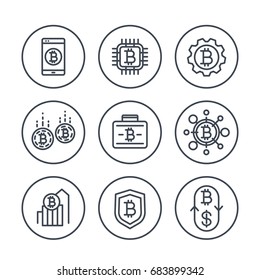 bitcoin investments, payments and exchange line icons on white