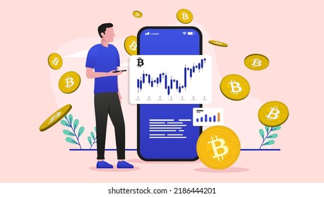 Bitcoin Investor - Man Making Money Investing And Trading Crypto Currency On Mobile Phone. Flat Design Vector Illustration