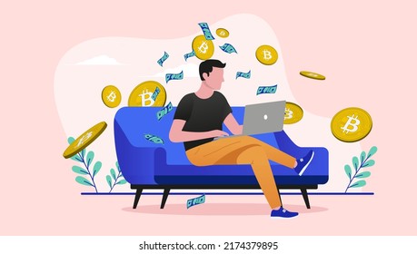 Bitcoin Investor Trading Crypto Currency On Laptop Computer In Sofa At Home And Making Money. Flat Design Vector Illustration