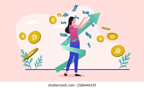 Bitcoin investor woman - Female person having success with crypto currencies as price is rising. Flat design vector illustration