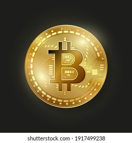 Bitcoin isolated in black background. Realistic golden coin with glow. Cryptocurrency vector illustration. BTC digital currency