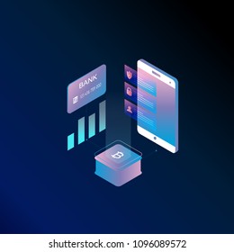 Bitcoin isometric concept vector illustration. Cryptocurrency and block chain technology, block chain platform, digital money market, investment and finance concept 