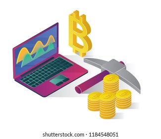 bitcoin isometric icons with ico blockchain concept, safe bitcoin, cryptocurrency mining, startup project isolated vector illustration