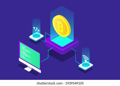 bitcoin isometric illustration with blue color for layout design website banner