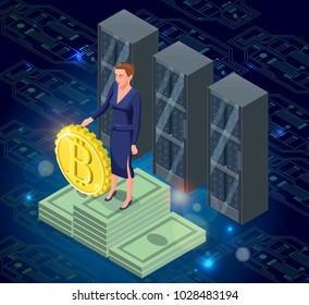 Bitcoin isometric isolated icon on computer monitor, cryptocurrency golden coin, digital money object, 3d vector illustration of modern financial symbol, wealth concept