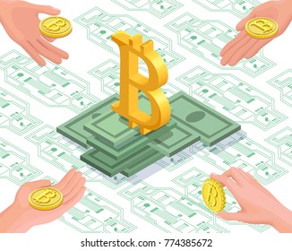Bitcoin isometric isolated icon on computer monitor, cryptocurrency golden coin, digital money object, 3d vector illustration of modern financial symbol, wealth concept