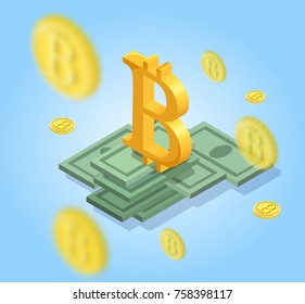Bitcoin isometric isolated icons, cryptocurrency golden coin, digital money objects, 3d vector illustration of modern financial symbols, wealth concept