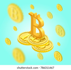 Bitcoin isometric isolated icons, cryptocurrency golden coin, digital money objects, 3d vector illustration of modern financial symbols, wealth concept