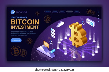 Bitcoin Isometric site, Concept modern business dedicated to bitcoin, Isometric vector concept banner, Marketing and finance vector isometric concept, Vector illustration