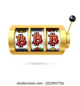 Bitcoin jackpot on slot machine, cryptocurrency symbol, vector illustration