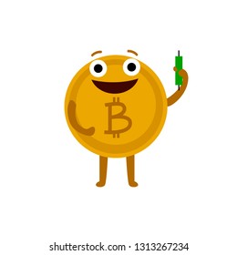 Bitcoin with a Japanese candle in their hands. smiling bitcoin coin. vector image