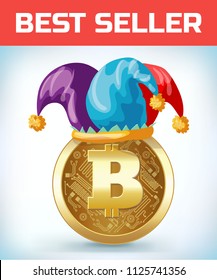 Bitcoin in jester hat. Bitcoin. Digital currency. Crypto currency. Money and finance symbol. Miner bit coin criptocurrency. Virtual money concept. Cartoon Vector illustration.
