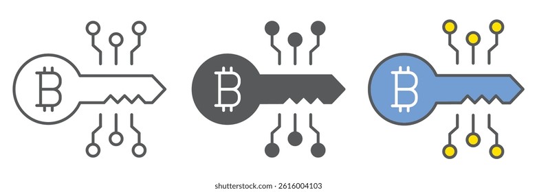 Bitcoin key icon collection, security and protection, digital key vector icon set, vector graphics, editable stroke outline sign, eps 10