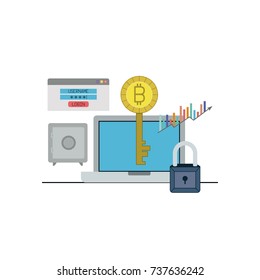 bitcoin key login closeup with laptop computer and safe vector illustration