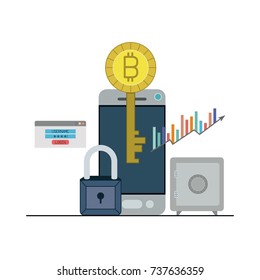 bitcoin key login closeup with smartphone and safe vector illustration