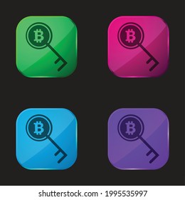 Tecla de bitcoin o símbolo de contraseña icono de botón de cuatro colores de vidrio