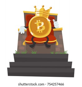 Bitcoin - The King Of All Currencies. Bitcoin With A Crown. Cartoon Style Vector Illustration.