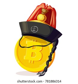 Bitcoin in Korean hat. Cartoon digital currency. Gold cryptocurrency. Money and finance symbol. Miner bit coin criptocurrency. Vector illustration