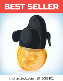 Bitcoin in korean hat. Bitcoin. Digital currency. Crypto currency. Money and finance symbol. Miner bit coin criptocurrency. Virtual money concept. Cartoon Vector illustration.