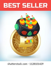 Bitcoin in korean hat. Bitcoin. Digital currency. Crypto currency. Money and finance symbol. Miner bit coin criptocurrency. Virtual money concept. Cartoon Vector illustration.