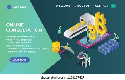 bitcoin landing page website isometric icons with ico blockchain concept, safe bitcoin, cryptocurrency mining, startup project isolated vector illustration