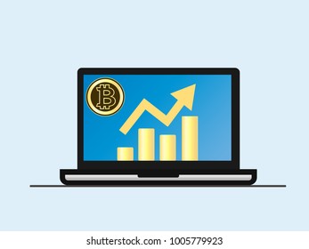 Bitcoin. Laptop with growth diagram on screen. Cryptocurrency and digitally concept. Bitcoin growing value concept. Isolated vector illustration