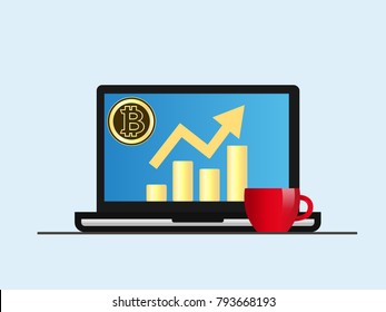 Bitcoin. Laptop with growth diagram on screen. Cryptocurrency and digitally concept. Bitcoin growing value concept. Isolated vector illustration