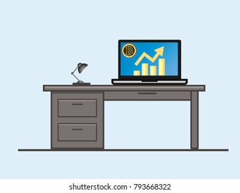 Bitcoin. Laptop with growth diagram on screen. Cryptocurrency and digitally concept. Bitcoin growing value concept. Isolated vector illustration