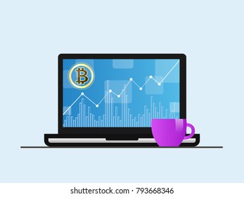 Bitcoin. Laptop with growth diagram on screen. Cryptocurrency and digitally concept. Bitcoin growing value concept. Isolated vector illustration