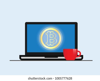 Bitcoin. Laptop with Bitcoin symbol on-screen. Bitcoin gold sign icon for internet money. Crypto currency symbol and coin image. Cryptocurrency and digitally concept. Isolated vector illustration