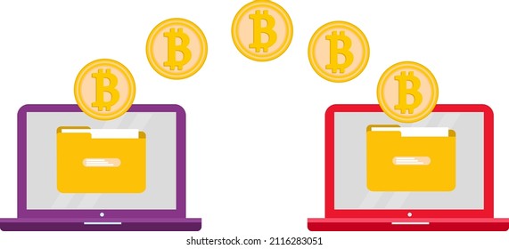 Bitcoin is a laptop-to-laptop transaction. The concept of cryptocurrency. Vector illustration.